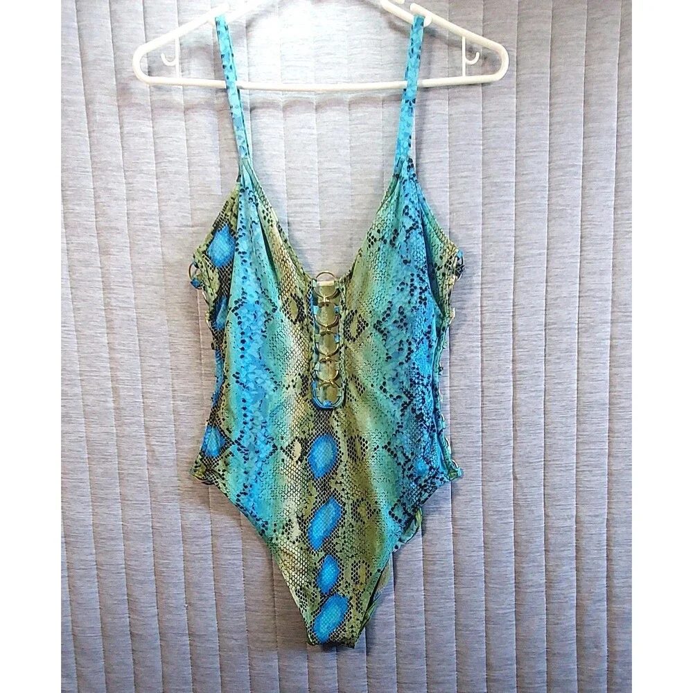 Michael Kors Women’s One Piece Swimsuit Size 10 Blue Green Snake Print
